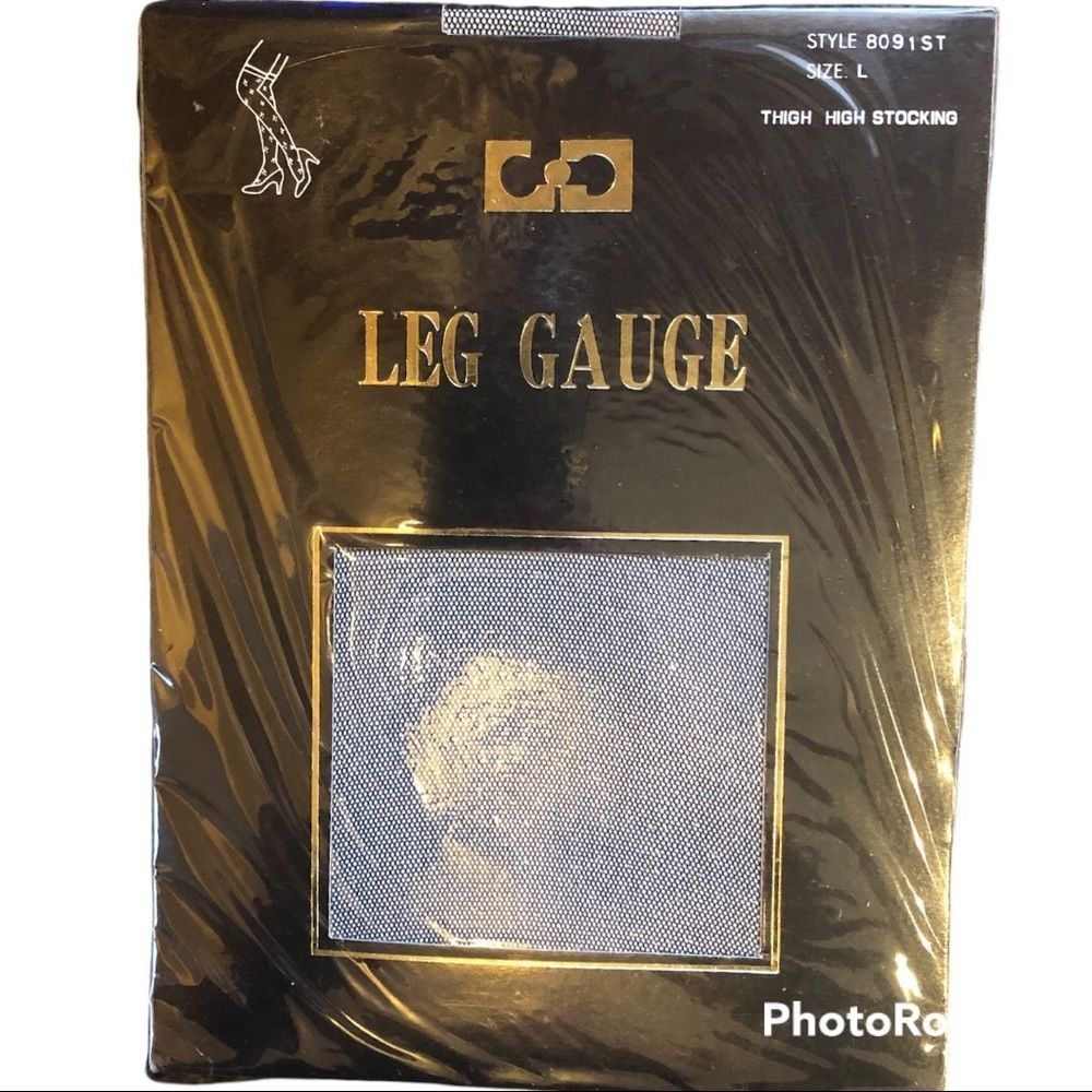 Leg Gauge Thigh High Stockings Nylon Black with Gold Flecks Size L 130-165 lbs